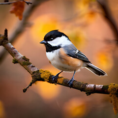 black capped chickadee,Close up portrait of a Black-capped chickadee (Poecile atricapillus) perched on a dead tree branch during early spring. Selective focus, background blur and foreground ,generate