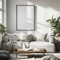 Mock up of white minamilist bright living room to hang art work, 
wooden frame, mockup photo for a horizontal poster print, mpty black frame , living room, beige colors