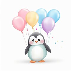 Fototapeta premium A birthday watercolor illustration of a cute penguin with balloons 