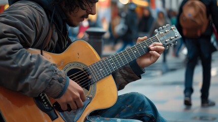 Young Musician Playing Guitar on a Busy Sidewalk
