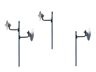 Small transmitting and receiving satellite dishes on a pole - on isolated transparent background.