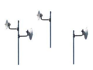 Small transmitting and receiving satellite dishes on a pole - on isolated transparent background.