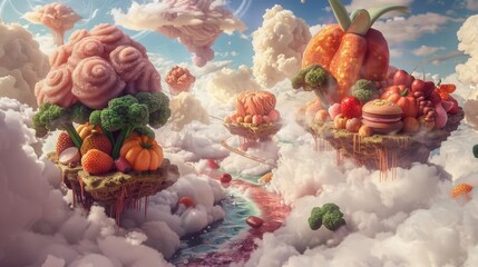 Surreal dreamscape with floating islands of giant fruits and vegetables background