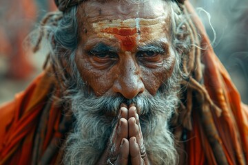 Portrait of a praying old Indian man with long white beard and red dot on his forehead