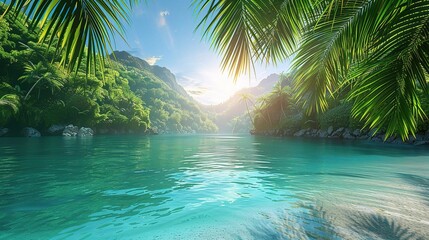 Tropical waterfall cascades over rocks into a clear pool in a lush jungle forest