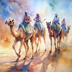 An evocative watercolor artwork showcasing the beauty and grace of racing camels as they gracefully stride across the sandy terrain, guided by skilled jockeys