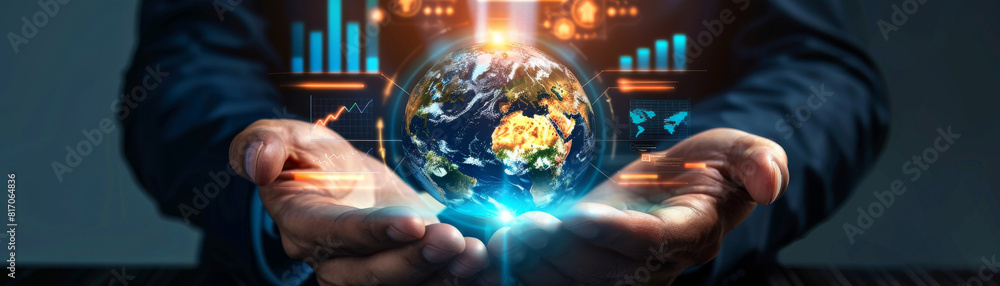 Poster businessman holding a globe with a bunch of numbers and graphs on it