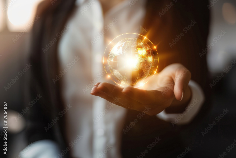 Poster businesswoman hands holding a glowing globe with network element, global networking and connection c