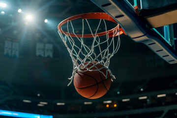 Fototapeta premium A basketball is in the air, about to go through a hoop, sport concept