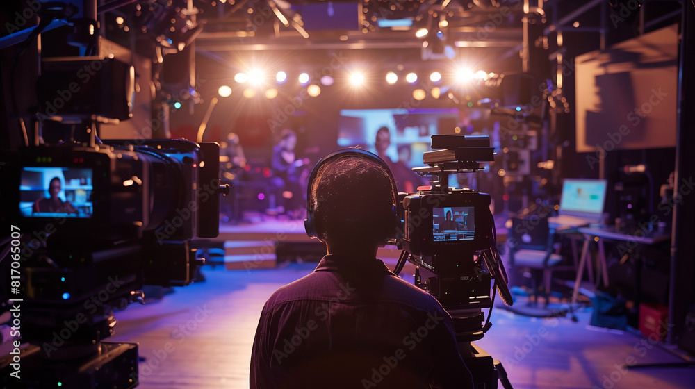 Poster 'behind-the-scenes shot of a producer directing the broadcast from the studio gallery'