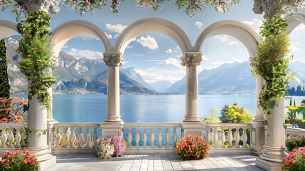 Beautiful wall mural with arches and columns, balcony overlooking lake in summer, landscape,...