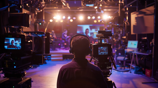 'Behind-the-scenes shot of a producer directing the broadcast from the studio gallery' 