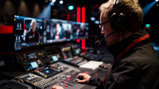 'Behind-the-scenes shot of a producer directing the broadcast from the studio gallery' 