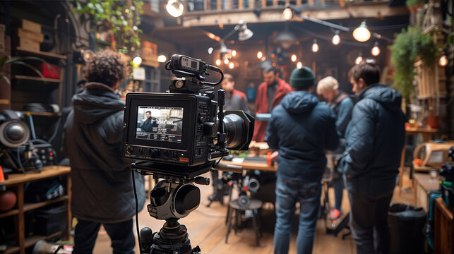'Behind-the-scenes shot of TV show production, crew adjusting equipment and props' 