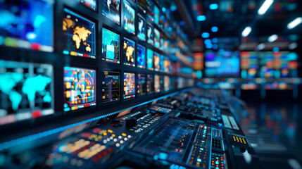 'Control room of a news studio with screens showing live feeds, high-tech environment' 