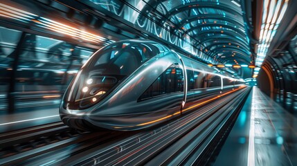Fototapeta premium High-Speed Train with Transparent Walls Passing Through Futuristic Tunnel