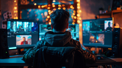 Obraz premium 'Film editor at work in a dark studio filled with monitors showing footage' 