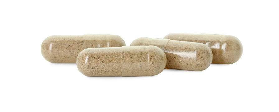 Vitamin capsules isolated on white. Health supplement