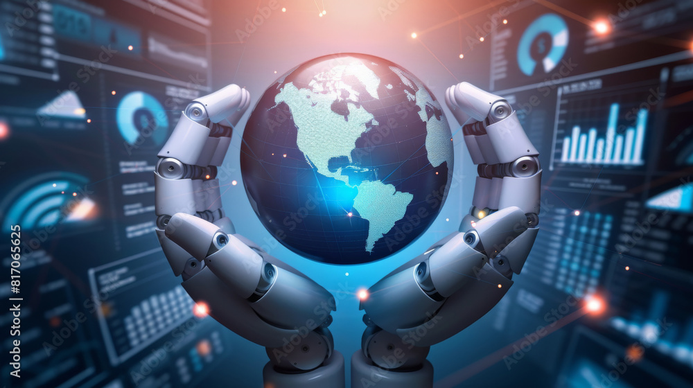 Poster robot hands holding a globe with tech and financial business element, artificial intelligence concep