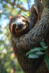 Naklejka premium sloth hanging, slow tree dweller