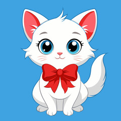 A white kitten with a red bow