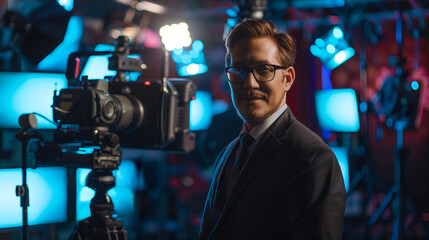 'News anchor delivering breaking news live on-air, dynamic lighting emphasizing urgency' 