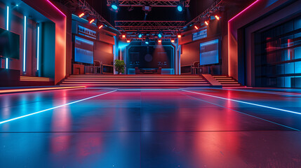 'News studio floor with markings and lights, ready for the next live segment' 