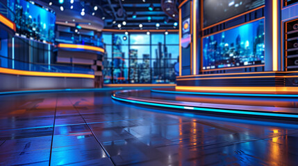 'News studio set empty , calm before the broadcast' 