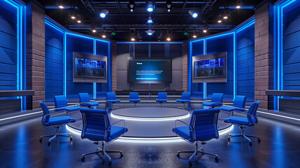 'News studio set empty with blue chairs and teleprompter, calm before the broadcast' 