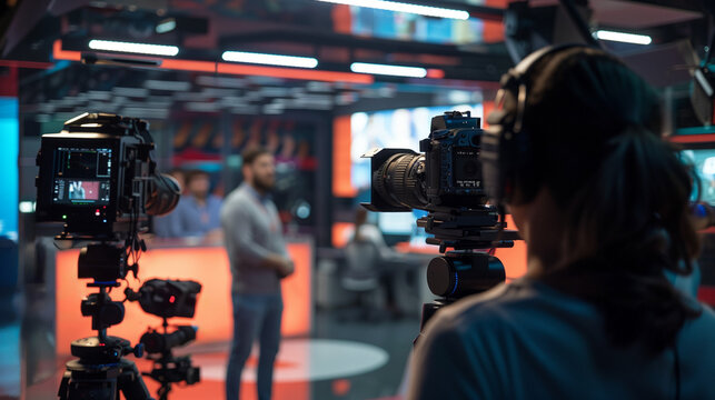 'News studio camera operator focusing on the anchor during a live broadcast' 