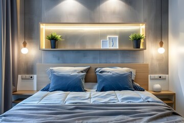 modern bedroom with shelf above the bed, grey and blue color theme, the bed has two pillows on it, small bedside lamps at the sides of the headboard