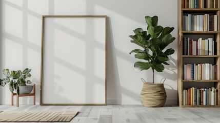 A minimalist living room interior featuring a blank picture frame mockup on a white wall, next to a bookshelf filled with colorful hardbound books and a fiddle leaf fig plant in a woven pot on the