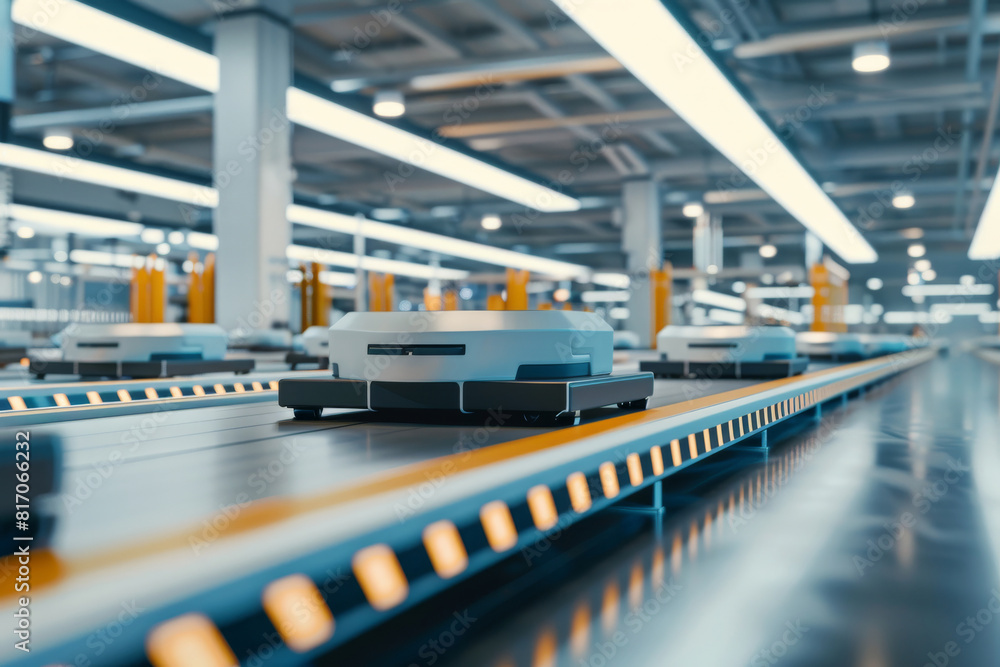 Poster a conveyor belt with a robot on it, robot production line in factory