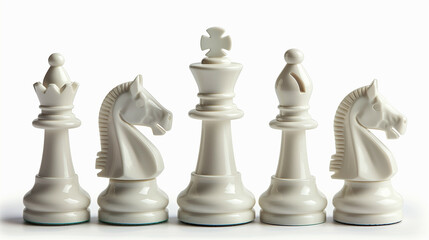 White chess pieces set up for a game, strategic and intellectual, isolated on white 