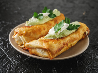 set of delicious fresh colorful deep-fried chimichanga on a dark background