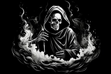 A skeletal figure wearing a hoodie is holding a cigarette. Generative AI