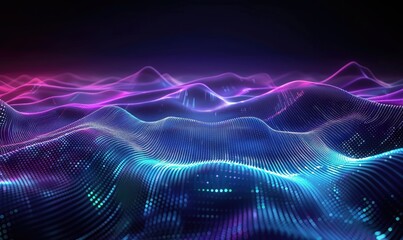 Obraz premium Abstract Futuristic Landscape with Colorful Waves, 3D Lines, and Dots Neon Lights Glowing Background