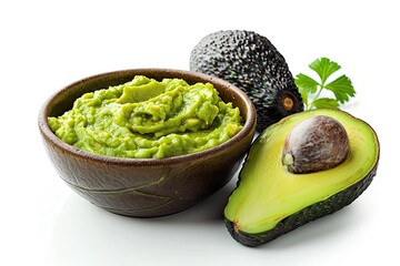 Bowl with guacamole and ripe avocado on white background 