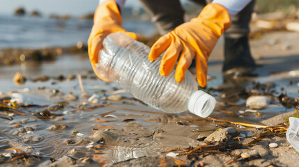Obraz premium volunteer collects garbage on the shore. collecting plastic empty bottles, waste in gloves from the beach. Cleaning the beach, helping to clean up nature, Global environmental pollution. Legs close-up