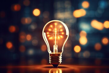 A Glowing Light Bulb Illuminated on a Table with Dark Bokeh Background