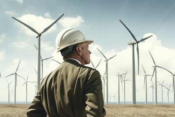 man in hard hat looking at wind turbines