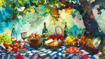 Fototapeta premium Picnic scene abstractly depicted with fruit sandwiches & wine on a blanket background