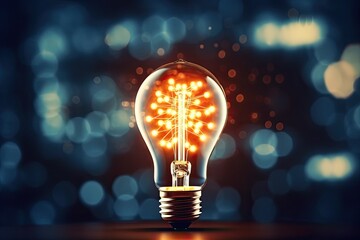 A Glowing Light Bulb Illuminated on a Table with Dark Bokeh Background