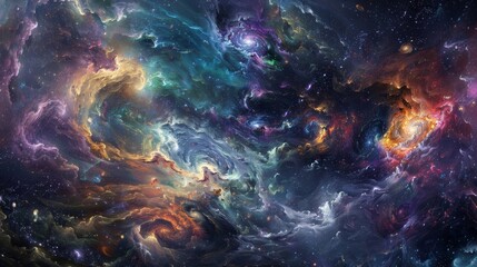 Abstract depiction of swirling galaxies and cosmic bodies background