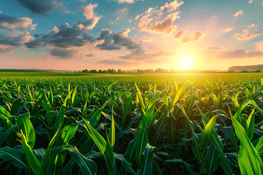 Paisagem de uma planta&ccedil;&atilde;o de milho ao entardecer, sob um por do sol e c&eacute;u adornado por nuvens