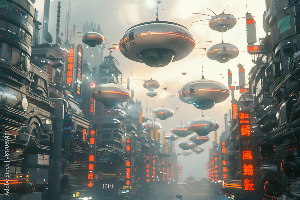 Poster capture a futuristic cityscape with sleek, chrome-plated drones zooming overhead, merging 3d photore