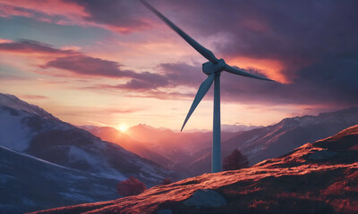 wind turbine at sunset in the mountains