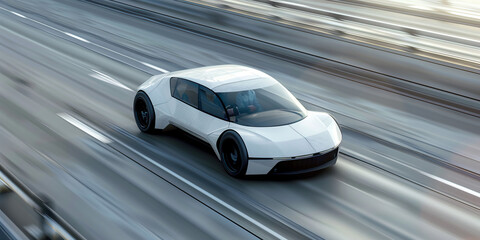 Obraz premium A futuristic car speeds down the highway, its sleek design blending seamlessly with the environment. 