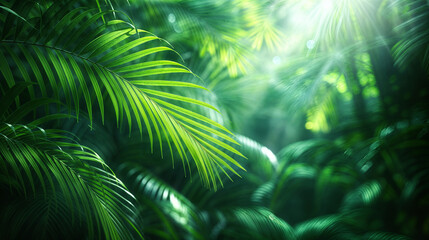 Green Tropical Palm Fronds Illuminated by Natural Light, Emphasizing the Dense and Vibrant Jungle Atmosphere. Design for banner, flyer, poster, card with copy space