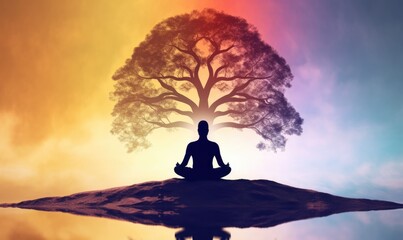 Man Meditating in Lotus Position with Tree Background. Mindfulness for Mental Health and Relaxation in Abstract Tree Landscape